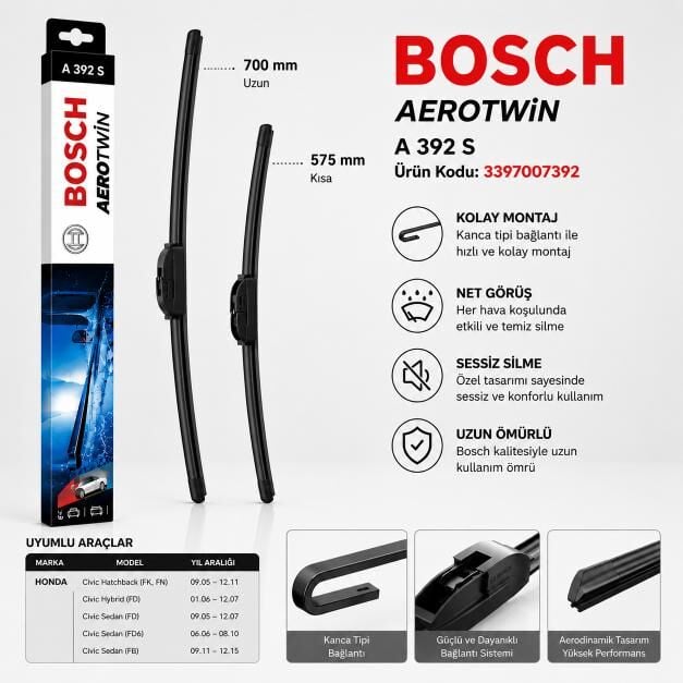 Honda Civic FD6 FB7 Bosch Aerotwin Silecek – BOSCH 3397007392 Ön Cam Silecek Seti 700/575 mm
